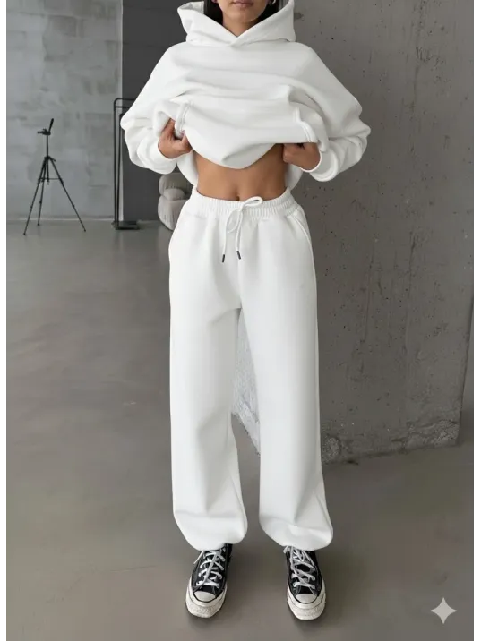 3 İplik Şardonlu Lastik Paça Eşofman Beyaz P510439