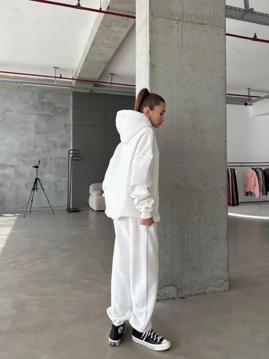 3 İplik Şardonlu Lastik Paça Eşofman Beyaz P510439