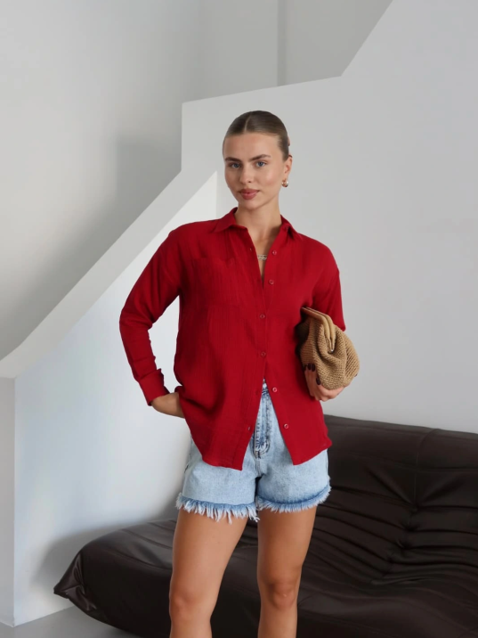 Tek Cepli Müslin Gömlek Bordo Pt Tek Cepli Müslin Gömlek Bordo Pt