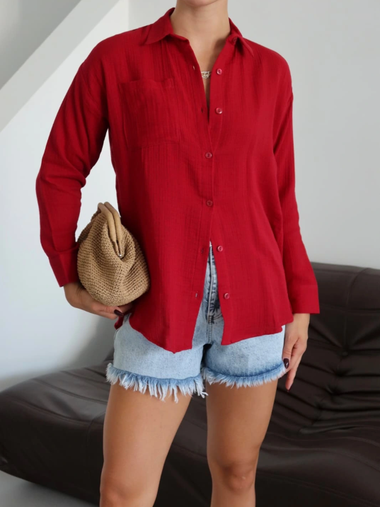 Tek Cepli Müslin Gömlek Bordo Pt Tek Cepli Müslin Gömlek Bordo Pt
