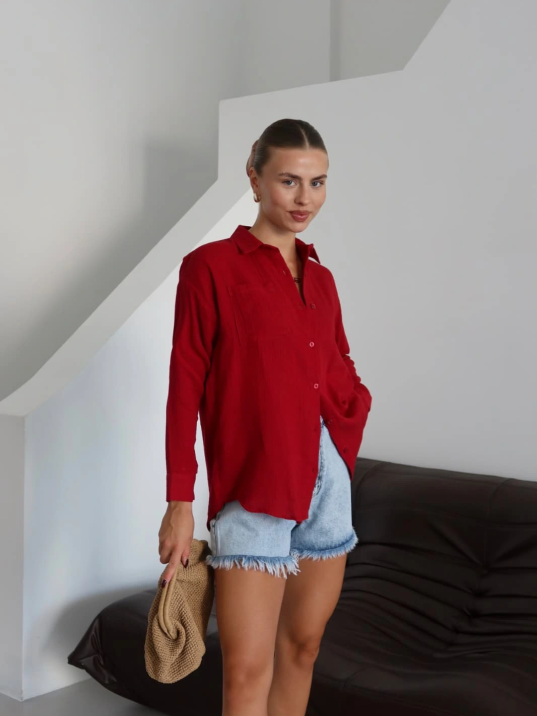 Tek Cepli Müslin Gömlek Bordo Pt Tek Cepli Müslin Gömlek Bordo Pt