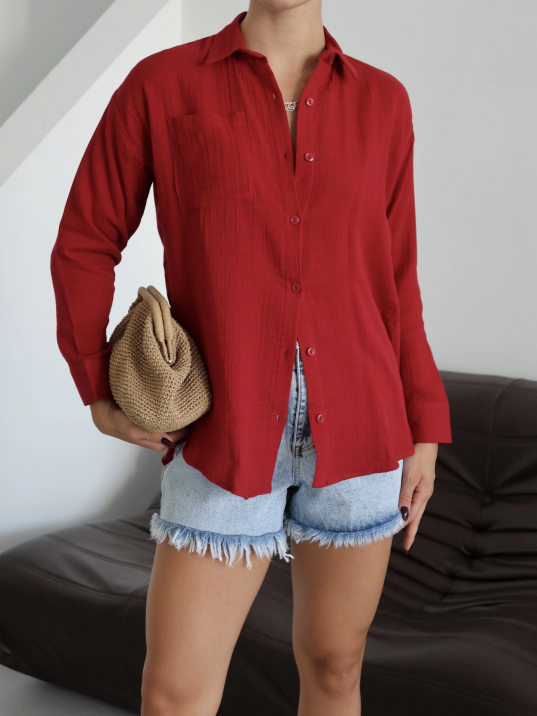 Tek Cepli Müslin Gömlek Bordo Pt Tek Cepli Müslin Gömlek Bordo Pt