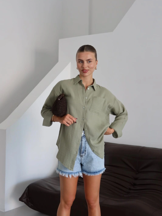 Tek Cepli Müslin Gömlek Haki Pt Tek Cepli Müslin Gömlek Haki Pt