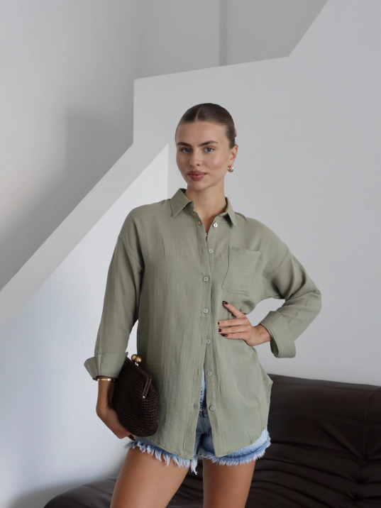 Tek Cepli Müslin Gömlek Haki Pt Tek Cepli Müslin Gömlek Haki Pt