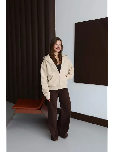3 İplik Şardonlu Kapşonlu Hoodie Frm Bej P510437