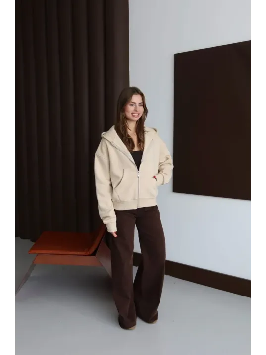 3 İplik Şardonlu Kapşonlu Hoodie Frm Bej P510437