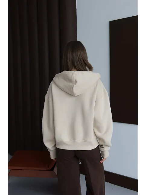 3 İplik Şardonlu Kapşonlu Hoodie Frm Bej P510437