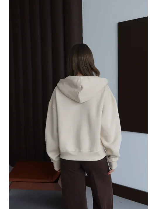 3 İplik Şardonlu Kapşonlu Hoodie Frm Bej P510437