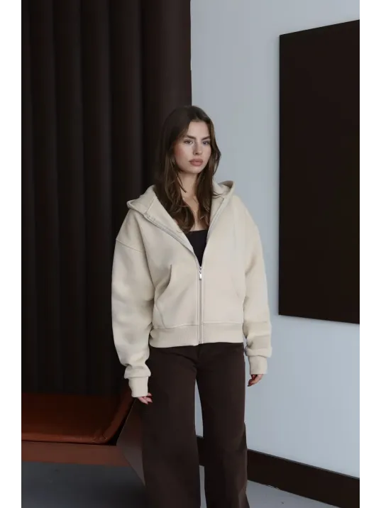 3 İplik Şardonlu Kapşonlu Hoodie Frm Bej P510437