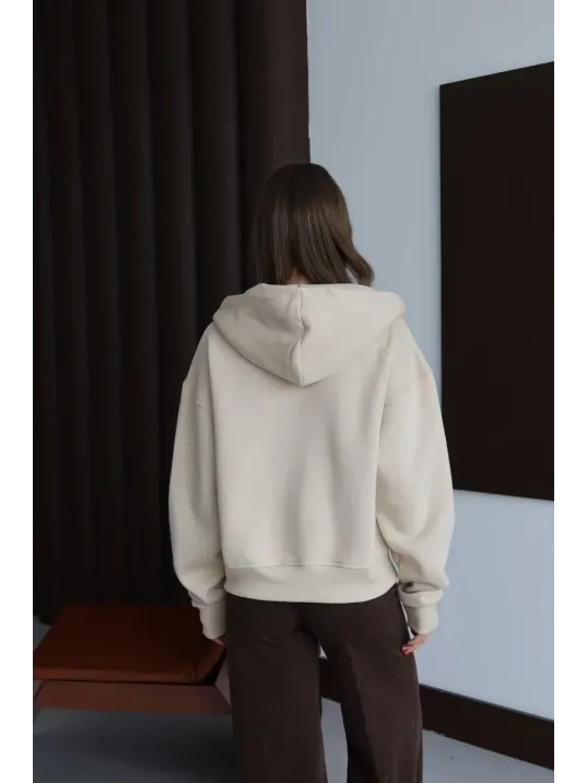 3 İplik Şardonlu Kapşonlu Hoodie Frm Bej P510437