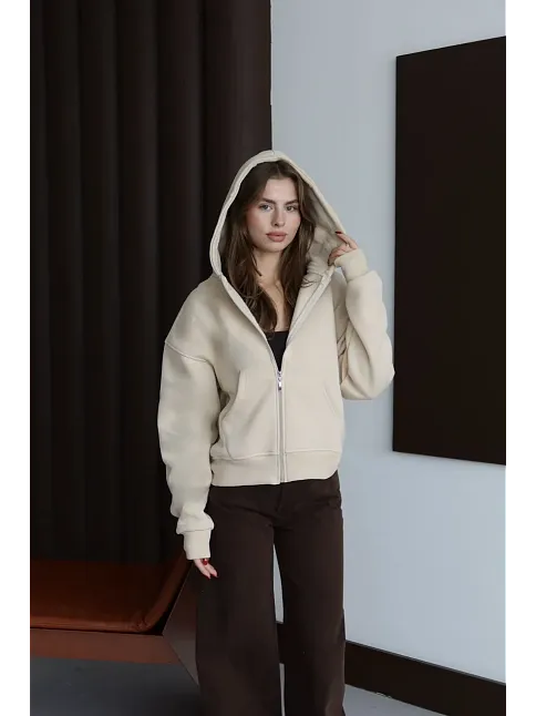 3 İplik Şardonlu Kapşonlu Hoodie Frm Bej P510437