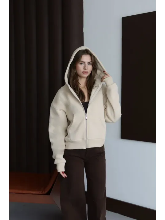 3 İplik Şardonlu Kapşonlu Hoodie Frm Bej P510437