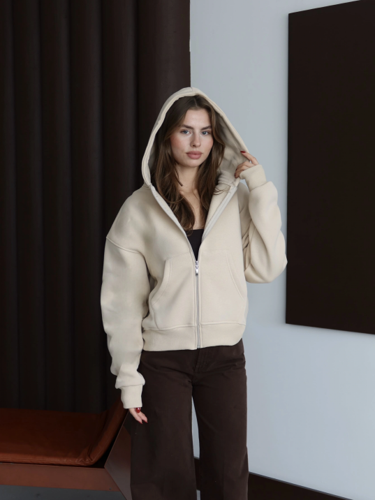 3 İplik Şardonlu Kapşonlu Hoodie Frm Bej P510437 3 İplik Şardonlu Kapşonlu Hoodie Frm Bej P510437