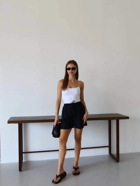 Müslin Kumaş Şort Bağcıklı Siyah Pt Müslin Kumaş Şort Bağcıklı Siyah Pt