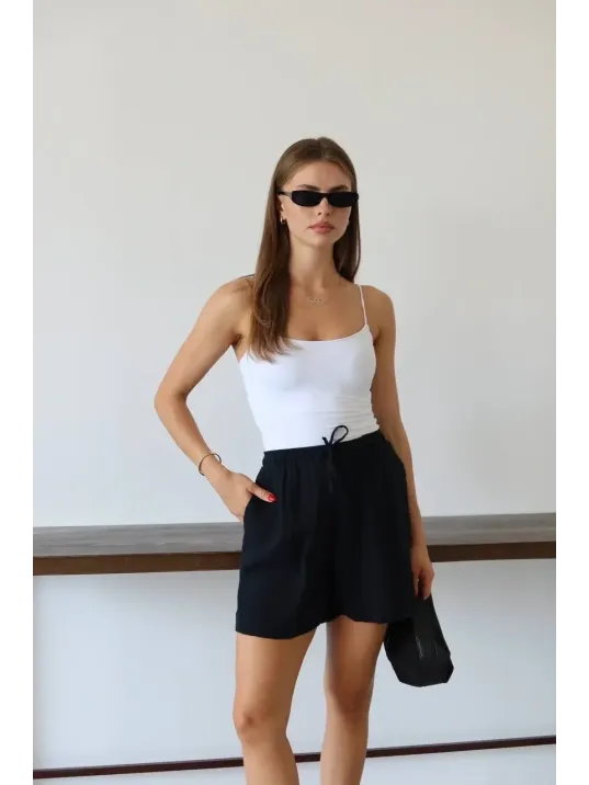 Müslin Kumaş Şort Bağcıklı Siyah Pt Müslin Kumaş Şort Bağcıklı Siyah Pt