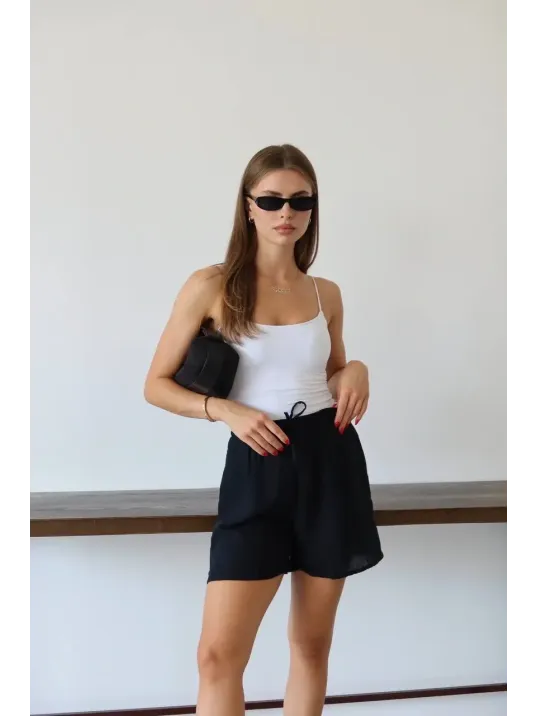 Müslin Kumaş Şort Bağcıklı Siyah Pt