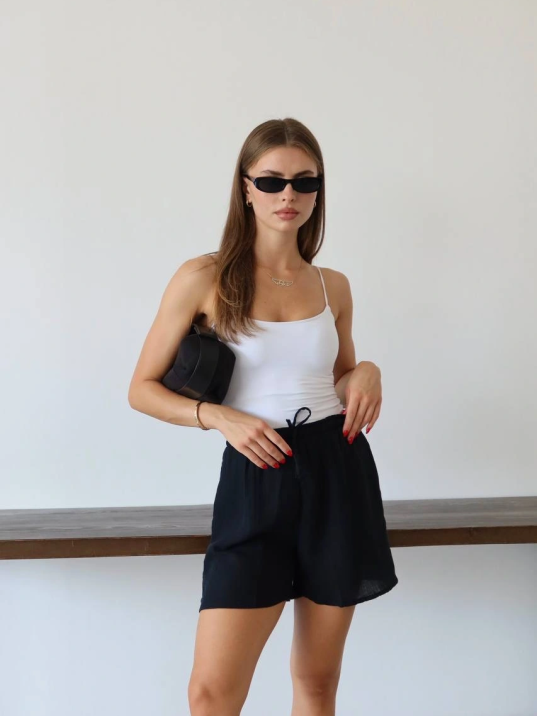 Müslin Kumaş Şort Bağcıklı Siyah Pt Müslin Kumaş Şort Bağcıklı Siyah Pt