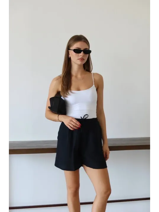 Müslin Kumaş Şort Bağcıklı Siyah Pt