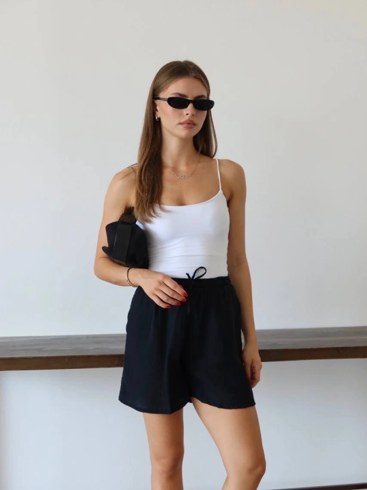 Müslin Kumaş Şort Bağcıklı Siyah Pt Müslin Kumaş Şort Bağcıklı Siyah Pt