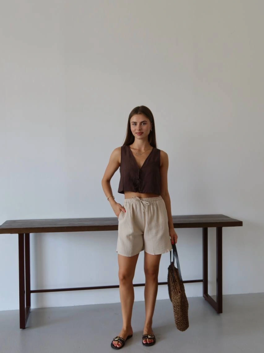 Müslin Kumaş Şort Bağcıklı Bej Pt Müslin Kumaş Şort Bağcıklı Bej Pt