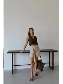 Müslin Kumaş Şort Bağcıklı Bej Pt