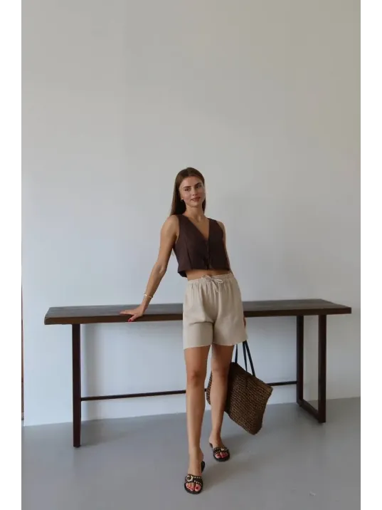 Müslin Kumaş Şort Bağcıklı Bej Pt Müslin Kumaş Şort Bağcıklı Bej Pt
