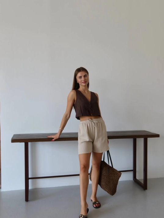 Müslin Kumaş Şort Bağcıklı Bej Pt Müslin Kumaş Şort Bağcıklı Bej Pt