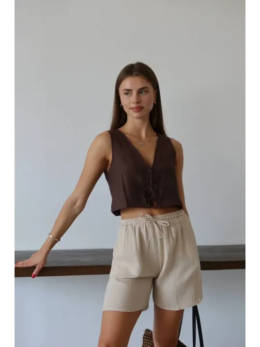 Müslin Kumaş Şort Bağcıklı Bej Pt Müslin Kumaş Şort Bağcıklı Bej Pt