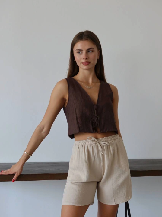 Müslin Kumaş Şort Bağcıklı Bej Pt Müslin Kumaş Şort Bağcıklı Bej Pt