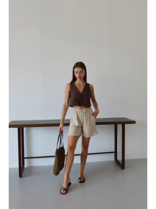 Müslin Kumaş Şort Bağcıklı Bej Pt Müslin Kumaş Şort Bağcıklı Bej Pt