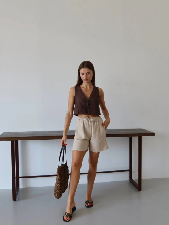 Müslin Kumaş Şort Bağcıklı Bej Pt Müslin Kumaş Şort Bağcıklı Bej Pt