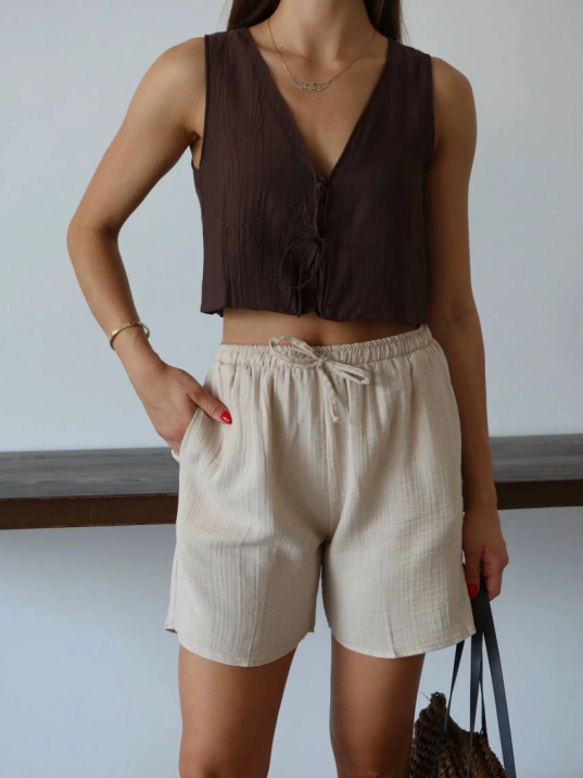 Müslin Kumaş Şort Bağcıklı Bej Pt Müslin Kumaş Şort Bağcıklı Bej Pt