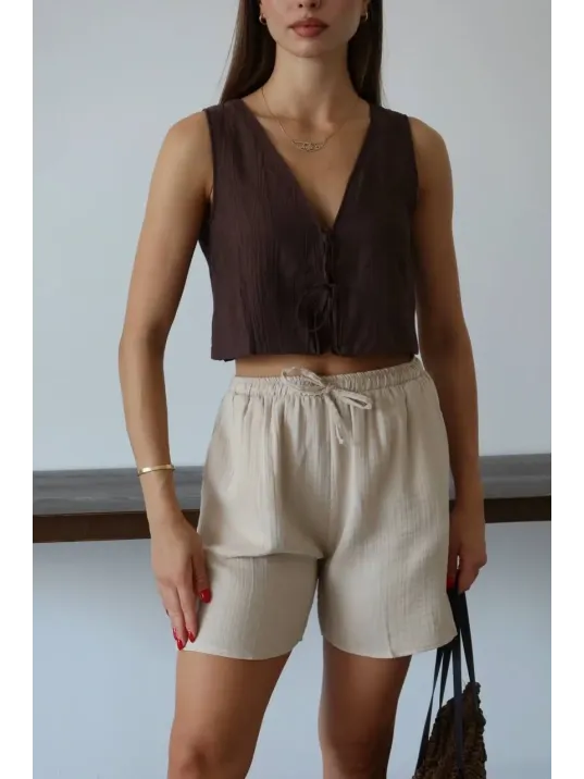 Müslin Kumaş Şort Bağcıklı Bej Pt Müslin Kumaş Şort Bağcıklı Bej Pt