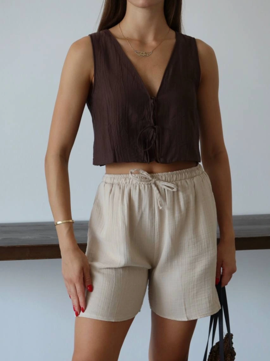 Müslin Kumaş Şort Bağcıklı Bej Pt Müslin Kumaş Şort Bağcıklı Bej Pt