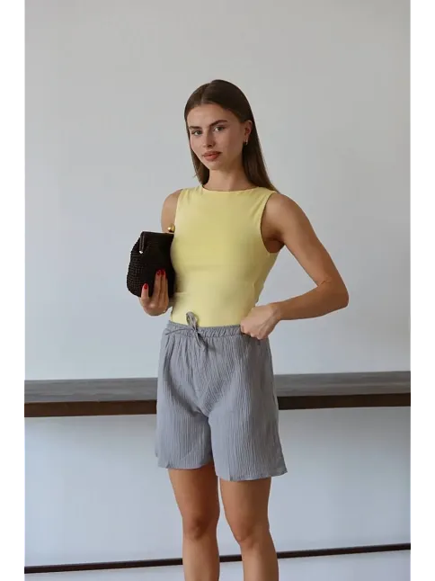 Müslin Kumaş Şort Bağcıklı Gri Pt