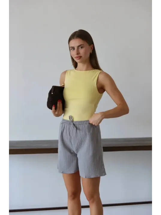 Müslin Kumaş Şort Bağcıklı Gri Pt