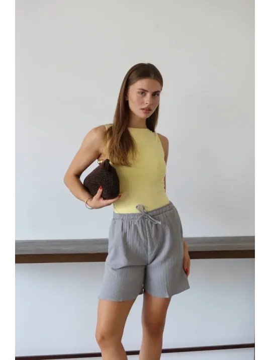 Müslin Kumaş Şort Bağcıklı Gri Pt