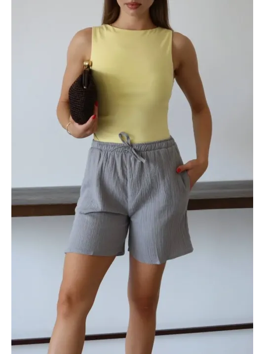 Müslin Kumaş Şort Bağcıklı Gri Pt