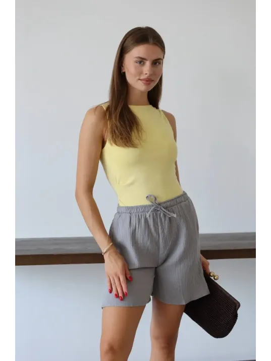 Müslin Kumaş Şort Bağcıklı Gri Pt