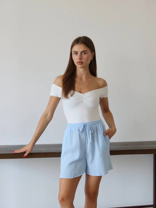 Müslin Kumaş Şort Bağcıklı Mavi Pt Müslin Kumaş Şort Bağcıklı Mavi Pt