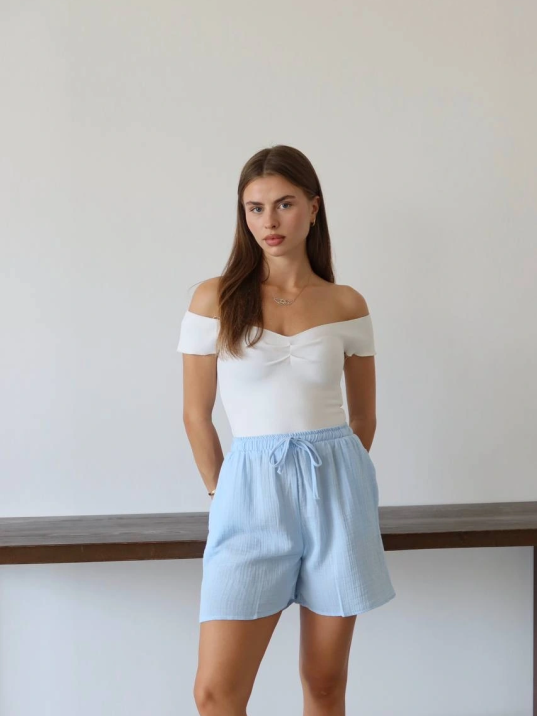 Müslin Kumaş Şort Bağcıklı Mavi Pt Müslin Kumaş Şort Bağcıklı Mavi Pt
