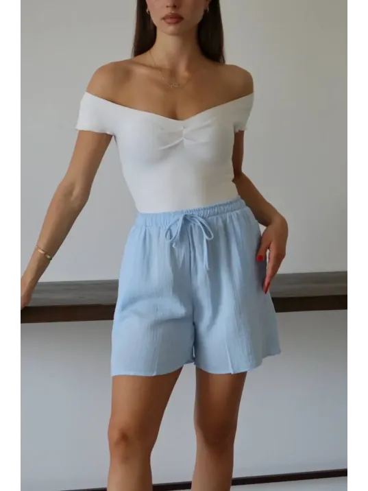 Müslin Kumaş Şort Bağcıklı Mavi Pt