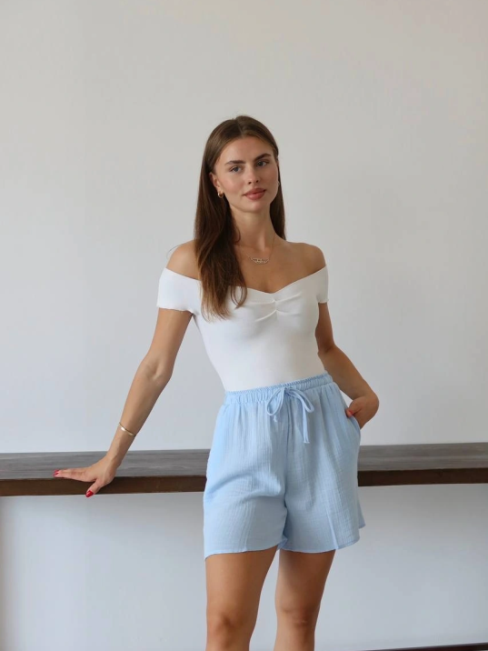 Müslin Kumaş Şort Bağcıklı Mavi Pt Müslin Kumaş Şort Bağcıklı Mavi Pt