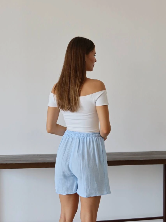 Müslin Kumaş Şort Bağcıklı Mavi Pt Müslin Kumaş Şort Bağcıklı Mavi Pt