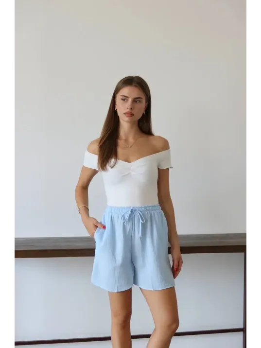 Müslin Kumaş Şort Bağcıklı Mavi Pt