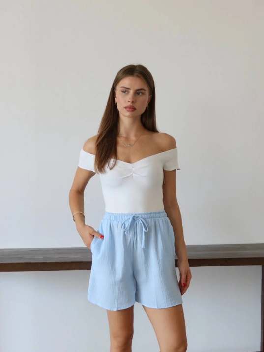 Müslin Kumaş Şort Bağcıklı Mavi Pt Müslin Kumaş Şort Bağcıklı Mavi Pt