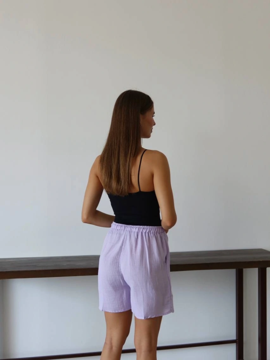 Müslin Kumaş Şort Bağcıklı Lila Pt