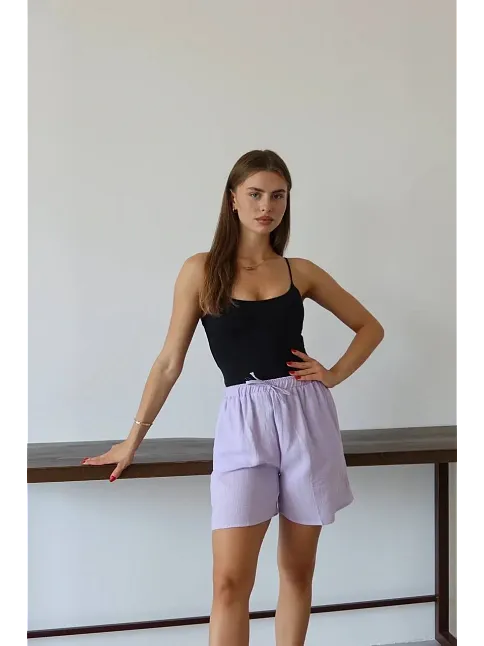Müslin Kumaş Şort Bağcıklı Lila Pt