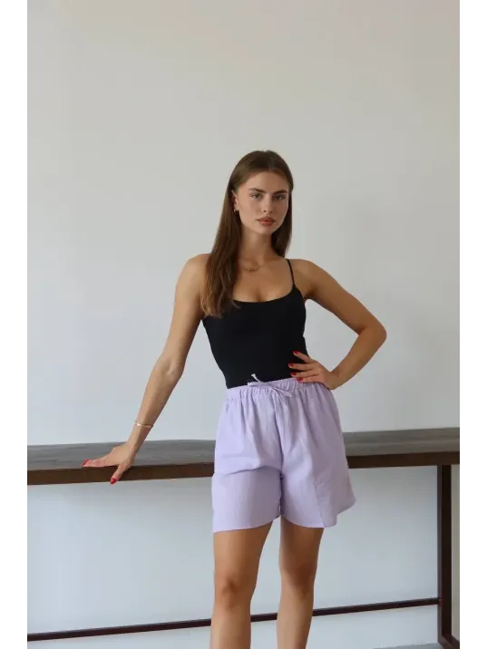 Müslin Kumaş Şort Bağcıklı Lila Pt