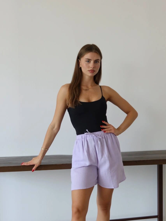 Müslin Kumaş Şort Bağcıklı Lila Pt